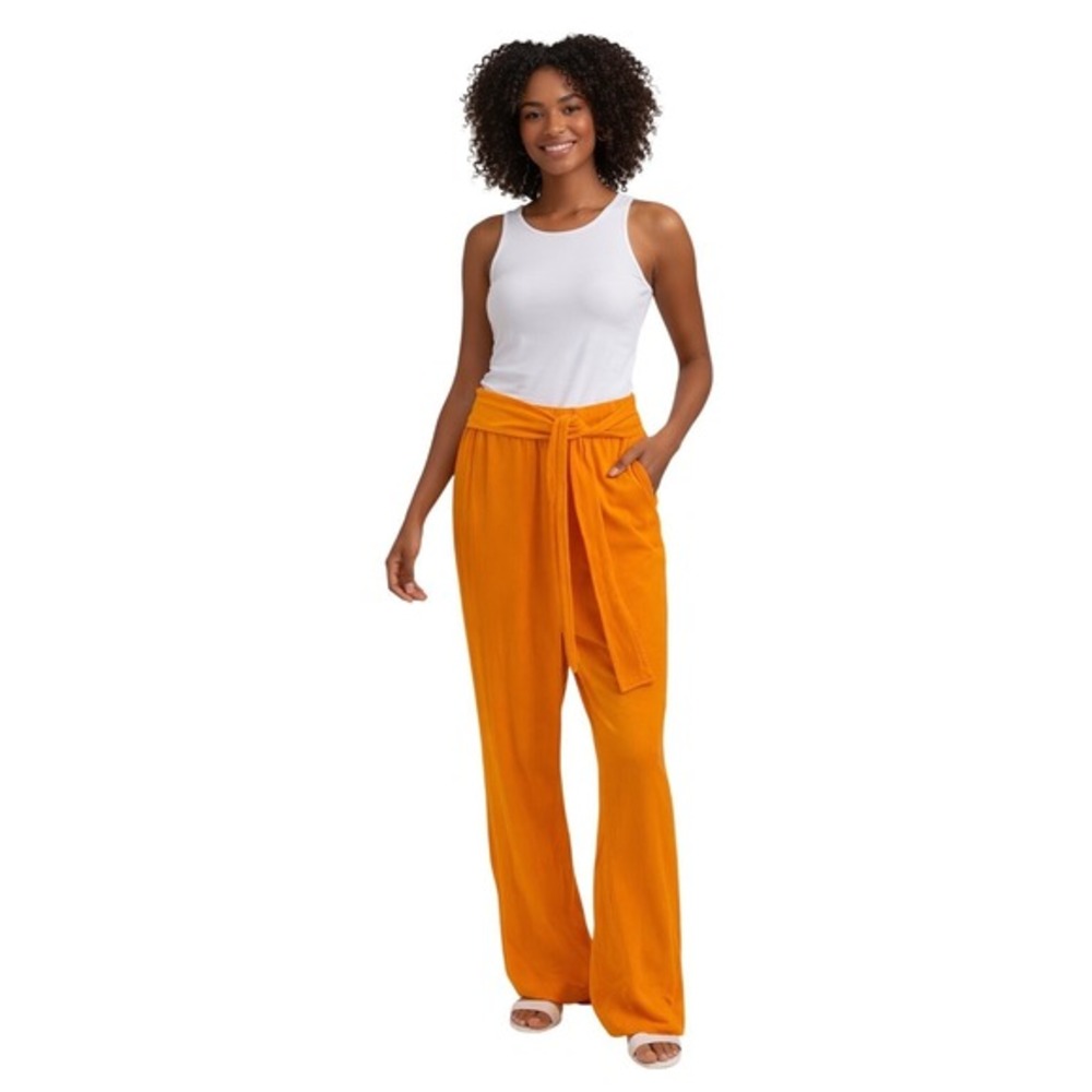 Zara‎ Orange Wide Leg Knit Tie Waist Pants XL Casual Lounge Trousers Chic 97-38